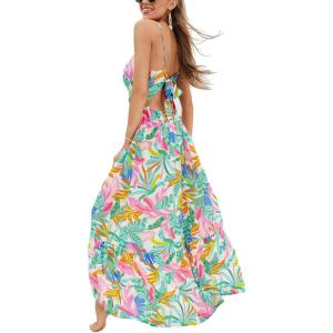 CUPSHE Women’s Maxi Dress Floral Print Twisted V Neck Sleeveless Long Dress Summer Casual Dress(Pink Tropical)