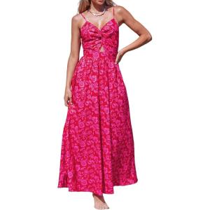CUPSHE Women’s Maxi Dress Floral Print Twisted V Neck Sleeveless Long Dress Summer Casual Dress(Red Floral)