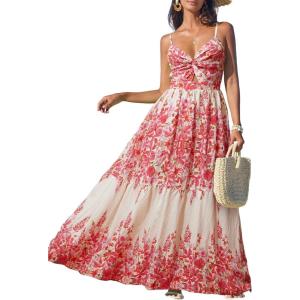 CUPSHE Women’s Maxi Dress Floral Print Twisted V Neck Sleeveless Long Dress Summer Casual Dress(Red/Beige)