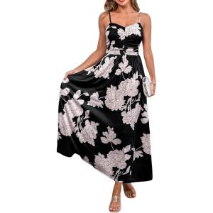 CUPSHE Women’s Maxi Dresses Casual Summer Sundress Sleeveless Floral Spaghetti Straps Long Beach Formal Dress(Black Floral)