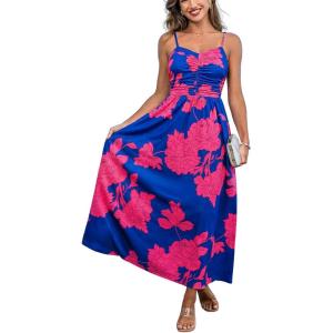 CUPSHE Women’s Maxi Dresses Casual Summer Sundress Sleeveless Floral Spaghetti Straps Long Beach Formal Dress(Blue/Red)