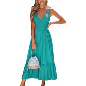 CUPSHE Womens Maxi Dresses Plunging V Neck Sleeveless Smocked Casual Summer Outfit Ruffled Beach Sundress Flowy Dress(Turquoise)