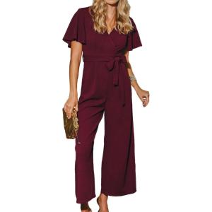 CUPSHE Womens Maxi Jumpsuit Dressy V Neck Short Sleeves Wide Leg Belted One Piece Outfit Overall Casual Fall Romper(Burgundy)