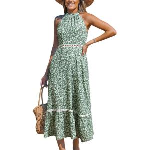 CUPSHE Women’s Midi Dress Halter Paisley Sleeveless Cutout Waist Long Beach Boho Summer Dress(Green Floral)