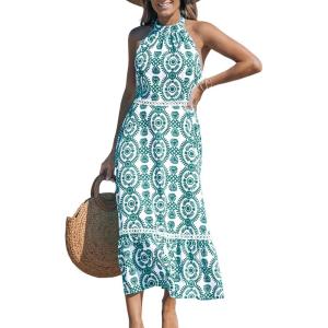 CUPSHE Women’s Midi Dress Halter Paisley Sleeveless Cutout Waist Long Beach Boho Summer Dress(Green Paisley)