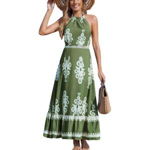 CUPSHE Women’s Midi Dress Halter Paisley Sleeveless Cutout Waist Long Beach Boho Summer Dress(Green Printed)