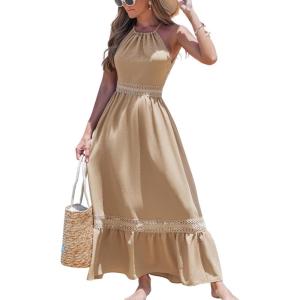 CUPSHE Women’s Midi Dress Halter Paisley Sleeveless Cutout Waist Long Beach Boho Summer Dress(Khaki)