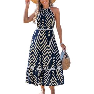 CUPSHE Women’s Midi Dress Halter Paisley Sleeveless Cutout Waist Long Beach Boho Summer Dress(Navy Paisley)