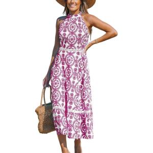 CUPSHE Women’s Midi Dress Halter Paisley Sleeveless Cutout Waist Long Beach Boho Summer Dress(Pink Paisley)