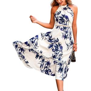 CUPSHE Women’s Midi Dress Halter Paisley Sleeveless Cutout Waist Long Beach Boho Summer Dress(White Printed)