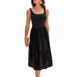 CUPSHE Women’s Midi Summer Dresses Square Neck Lace Sleeveless Casual Party Sundress Long Cocktail Wedding Guest Dress(Black)