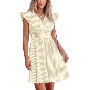 CUPSHE Women’s Mini Dress V Neck Flutter Sleeve Striped Smocked Waist A Line Short Summer Cocktail Dress(Beige Striped)