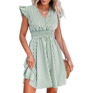 CUPSHE Women’s Mini Dress V Neck Flutter Sleeve Striped Smocked Waist A Line Short Summer Cocktail Dress(Green Striped)