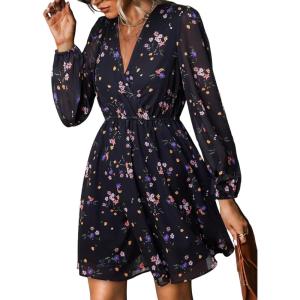 CUPSHE Women’s Mini Dresses Casual Spring V Neck Chiffon Long Peasant Sleeves Flowy Spring Dress(Black Ditsy)