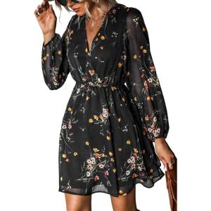 CUPSHE Women’s Mini Dresses Casual Spring V Neck Chiffon Long Peasant Sleeves Flowy Spring Dress(Black/Yellow)