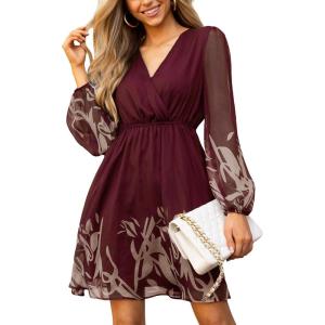 CUPSHE Women’s Mini Dresses Casual Spring V Neck Chiffon Long Peasant Sleeves Flowy Spring Dress(Burgundy Floral)