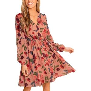 CUPSHE Women’s Mini Dresses Casual Spring V Neck Chiffon Long Peasant Sleeves Flowy Spring Dress(Dusty Rose)