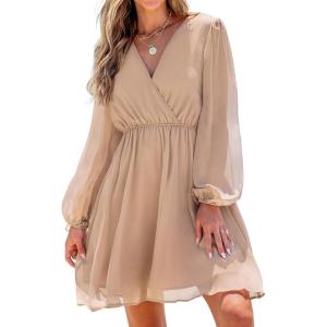 CUPSHE Women’s Mini Dresses Casual Spring V Neck Chiffon Long Peasant Sleeves Flowy Spring Dress(Light Apricot)