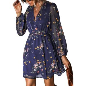 CUPSHE Women’s Mini Dresses Casual Spring V Neck Chiffon Long Peasant Sleeves Flowy Spring Dress(Navy)