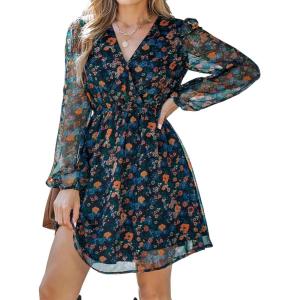 CUPSHE Women’s Mini Dresses Casual Spring V Neck Chiffon Long Peasant Sleeves Flowy Spring Dress(Navy Floral)