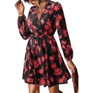 CUPSHE Women’s Mini Dresses Casual Spring V Neck Chiffon Long Peasant Sleeves Flowy Spring Dress(Red Floral)