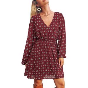 CUPSHE Women’s Mini Dresses Casual Spring V Neck Chiffon Long Peasant Sleeves Flowy Spring Dress(Red Paisley)