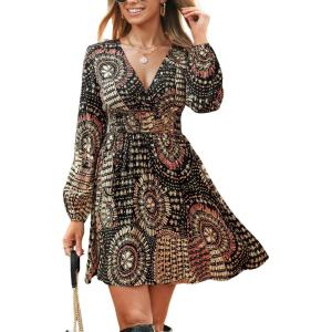 CUPSHE Women’s Paisley Printed Fall Mini Dress V Neck Long Sleeve Smocked Waist Flowy Ruffled Vacation Dresses(Black)