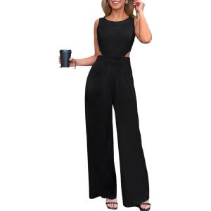 CUPSHE Women’s Romper Sleeveless Crew Neck Waist Cutout Wide Leg Maxi Jumpsuit Outfit Casual Dressy(Black)