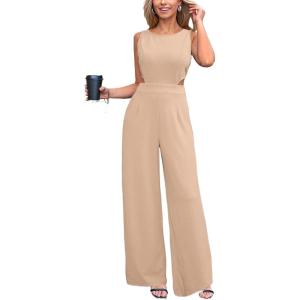 CUPSHE Women’s Romper Sleeveless Crew Neck Waist Cutout Wide Leg Maxi Jumpsuit Outfit Casual Dressy(Khaki)