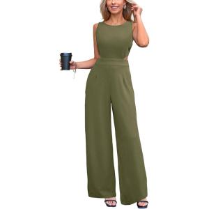 CUPSHE Women’s Romper Sleeveless Crew Neck Waist Cutout Wide Leg Maxi Jumpsuit Outfit Casual Dressy(Navy Green)