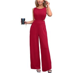 CUPSHE Women’s Romper Sleeveless Crew Neck Waist Cutout Wide Leg Maxi Jumpsuit Outfit Casual Dressy(Red)