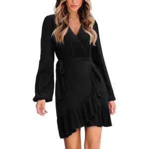 CUPSHE Womens Ruched Fall Dresses V Neck Long Sleeve Belted Ruffled Casual Bodycon Flowy Party Elegant Mini Cocktail Dress(Black)