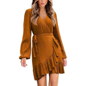 CUPSHE Womens Ruched Fall Dresses V Neck Long Sleeve Belted Ruffled Casual Bodycon Flowy Party Elegant Mini Cocktail Dress(Orange)