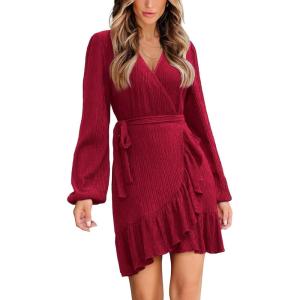 CUPSHE Womens Ruched Fall Dresses V Neck Long Sleeve Belted Ruffled Casual Bodycon Flowy Party Elegant Mini Cocktail Dress(Red)