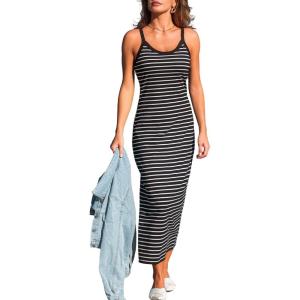 CUPSHE Women’s Striped Midi Dress Sleeveless Scoop Neck Bodycon Tank Sundress Casual Summer Beach Vacation Long Coverup Dress(Black Striped)