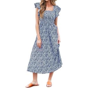 CUPSHE Women’s Summer Dress Square Neck Striped Smocked Dress Ruffled Cap Sleeves Dress A Line Maxi Formal Dress(Blue Floral)