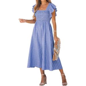 CUPSHE Women’s Summer Dress Square Neck Striped Smocked Dress Ruffled Cap Sleeves Dress A Line Maxi Formal Dress(Blue Striped)