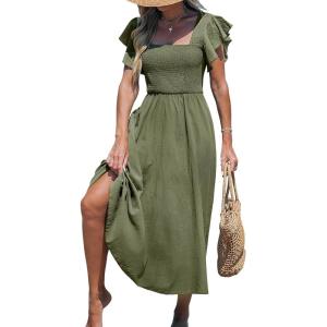 CUPSHE Women’s Summer Dress Square Neck Striped Smocked Dress Ruffled Cap Sleeves Dress A Line Maxi Formal Dress(Olive Green)