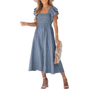 CUPSHE Women’s Summer Dress Square Neck Striped Smocked Dress Ruffled Cap Sleeves Dress A Line Maxi Formal Dress(Steel Blue)