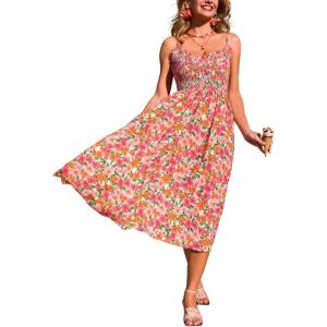 CUPSHE Women’s Summer Dresses Floral V Neck Spaghetti Straps Wedding Guest Beach Vacation Flowy Maxi Dress(Red)