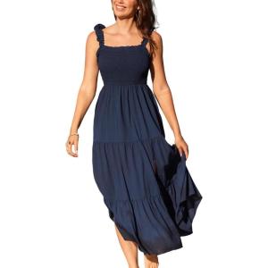 CUPSHE Women’s Summer Dresses Sleeveless Square Neck Ruffle Strap Split Hem Tiered Beach Maxi Dress(Navy)