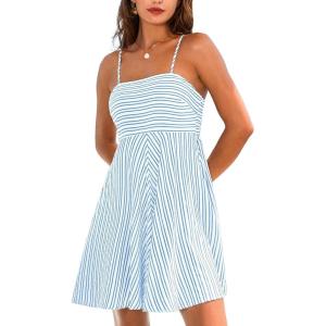 CUPSHE Womens Summer Dresses Smocked Sleeveless Square Neck Striped Mini Dress with Pockets(Blue Striped)
