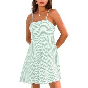 CUPSHE Womens Summer Dresses Smocked Sleeveless Square Neck Striped Mini Dress with Pockets(Green Striped)