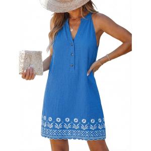 CUPSHE Womens Summer Dresses V Neck Sleeveless Striped Button Up Mini Casual Coverup Dress(Blue Floral)