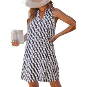 CUPSHE Womens Summer Dresses V Neck Sleeveless Striped Button Up Mini Casual Coverup Dress(Navy Wave)