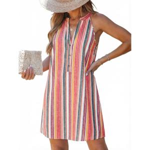 CUPSHE Womens Summer Dresses V Neck Sleeveless Striped Button Up Mini Casual Coverup Dress(Orange Striped)