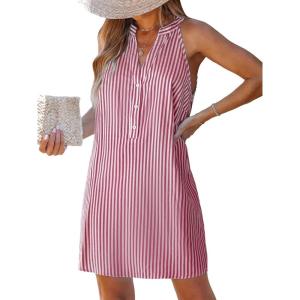CUPSHE Womens Summer Dresses V Neck Sleeveless Striped Button Up Mini Casual Coverup Dress(Red)