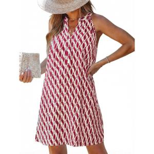 CUPSHE Womens Summer Dresses V Neck Sleeveless Striped Button Up Mini Casual Coverup Dress(Red White)