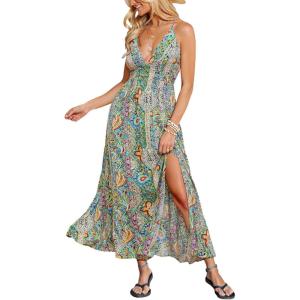 CUPSHE Womens Summer Maxi Dress 2026 Sleeveless Long Sundresses Spaghetti Strap Flowy Boho Beach Vacation Dress(Green Red)
