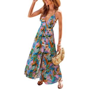 CUPSHE Womens Summer Maxi Dress 2026 Sleeveless Long Sundresses Spaghetti Strap Flowy Boho Beach Vacation Dress(Tropical-green)